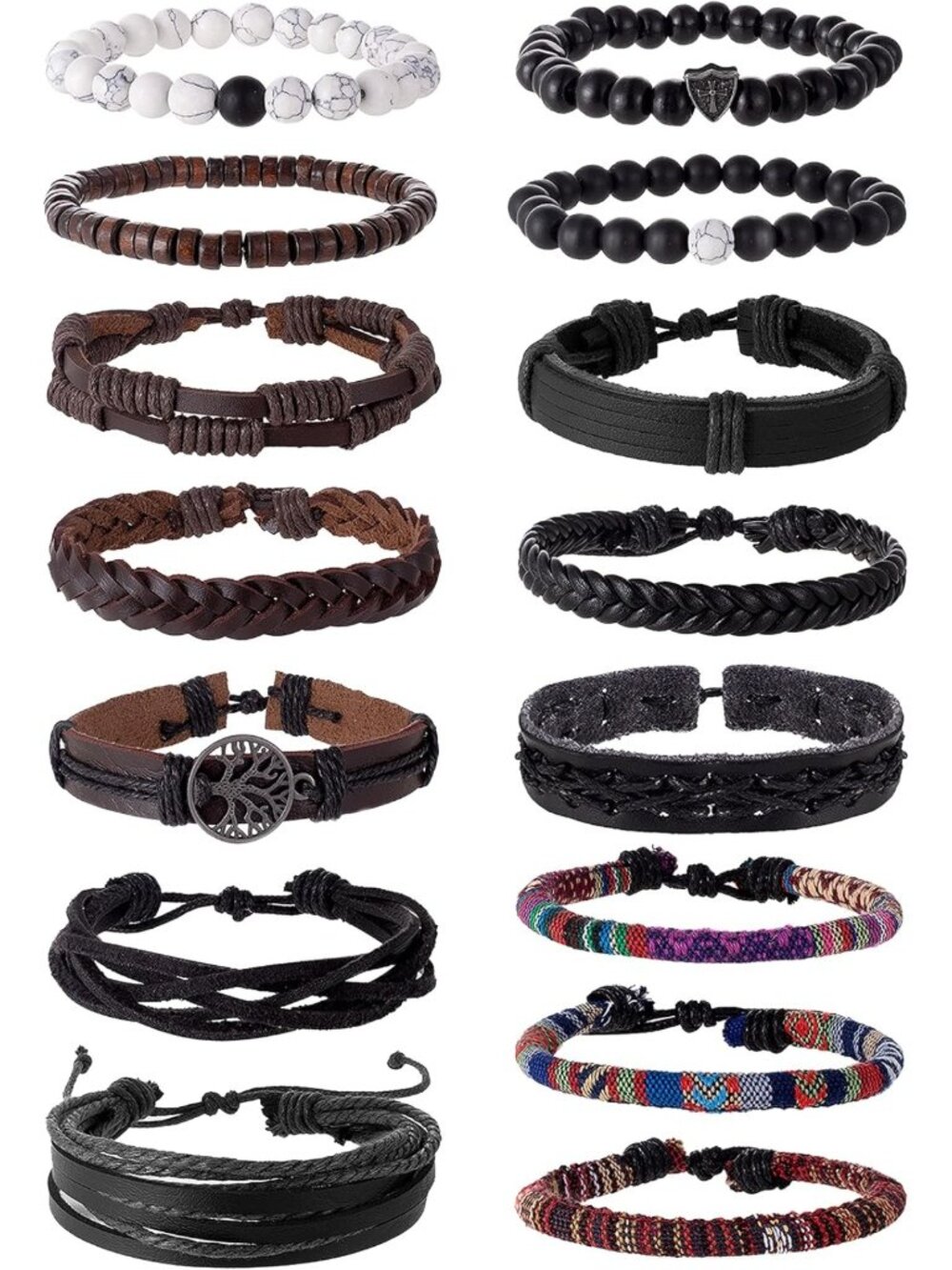 15Pcs Boho Braided Leather Bracelets Set, Adjustable Ethnic Cuff & Bead